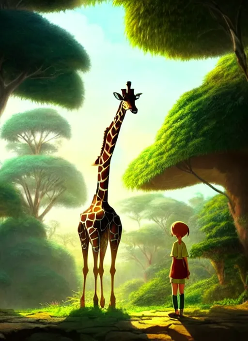 Prompt: a wholesome animation key shot of a giraffe, jungle in the background, studio ghibli, pixar and disney animation, sharp, rendered in unreal engine 5, anime key art by greg rutkowski, bloom, dramatic lighting