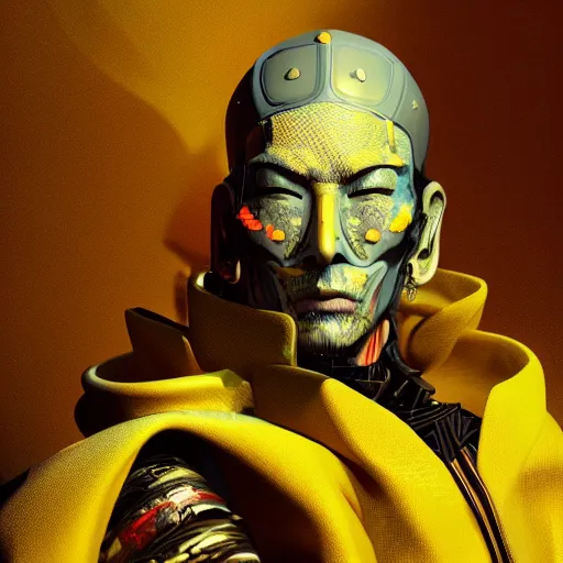 Prompt: profile of old samurai, cyberpunk, vibrant yellow colors, surreal, french baroque style by alexander mcqueen, hyper detailed, cinematic, art by bill sienkiewicz trending artstation, octane render