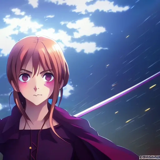 Image similar to emma watson, heavens feel movie, demon slayer, ufotable, kyoani, high quality, artstation, key visual, cinematic, city background, night time, rooftop, fate stay night, unlimited blade works, greg rutkowski, high resolution, dynamic pose, extreme close up, rin outfit, anime, high angle, high budget