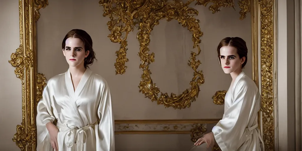 Image similar to portrait Emma Watson flowing silk robes baroque room cinematic lighting Stanley Kubrick canon 5d mk4