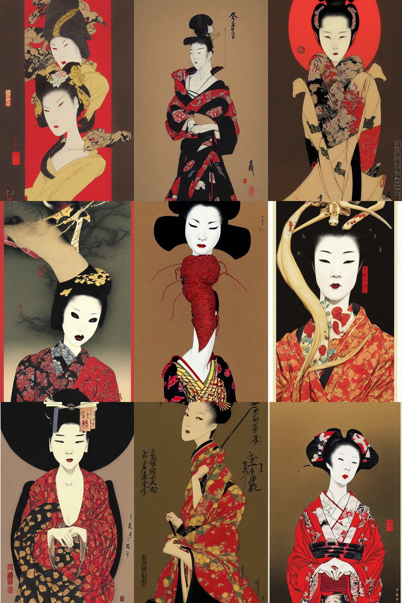 Prompt: painting of a geisha with a long neck by brain froud, dave dorman, takato yamamoto, red, gold, black