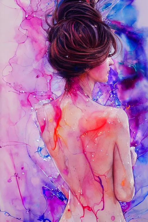 Prompt: sophia vergara by agnes cecile enki bilal moebius, intricated details, 3 / 4 back view, hair styled in a bun, bendover posture, full body portrait, extremely luminous bright design, pastel colours, drips, autumn lights