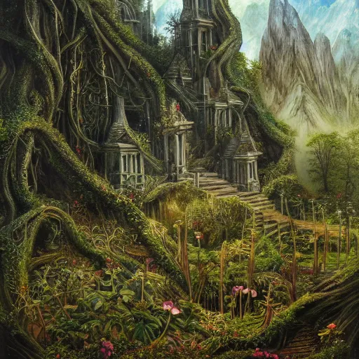 Prompt: a beautiful and highly detailed oil painting of a lost elven temple deep in the mountains, ancient runes, tangled vines, lush plant growth, tall grass, flowers, carved stone, intricate details, epic scale, insanely complex, rivendell, 8 k, sharp focus, hyper realism, fantasy landscape, psychedelic, by caspar friedrich and brian froud,