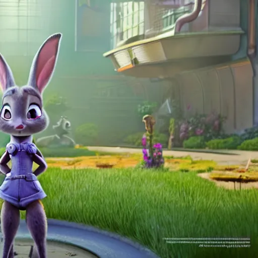 Prompt: maxim playboy judy hopps standing pin - up. zootopia ( 2 0 1 8 ). pixar studios official media. cinematic still. xenomorph.