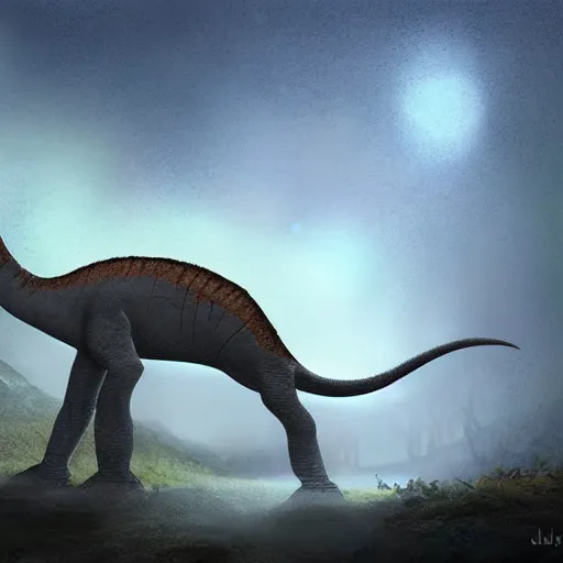 Image similar to dimetroton brontosaurus mix hybrid, paleoart by Julius T. Csotonyi, highly detailed, night, volumetric lighting
