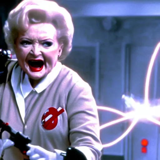 Prompt: stunning awe inspiring betty white as a ghostbuster in the movie ghostbusters, movie still 8 k hdr atmospheric lighting