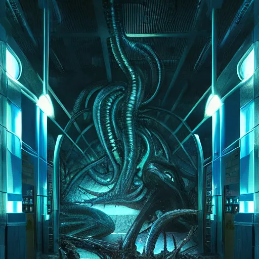 Prompt: menacing aggressive black slimy creature made out of needles, inside a gas station, aggressive harsh bright fluorescent industrial blue lighting, extremely detailed digital matte painting buy Greg Rutkowski and H.R. Giger