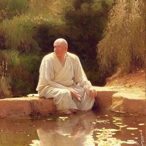 Image similar to medieval, old blind monk, contemplating a pond, character design, painting by gaston bussiere, craig mullins, j. c. leyendecker, tom of finland