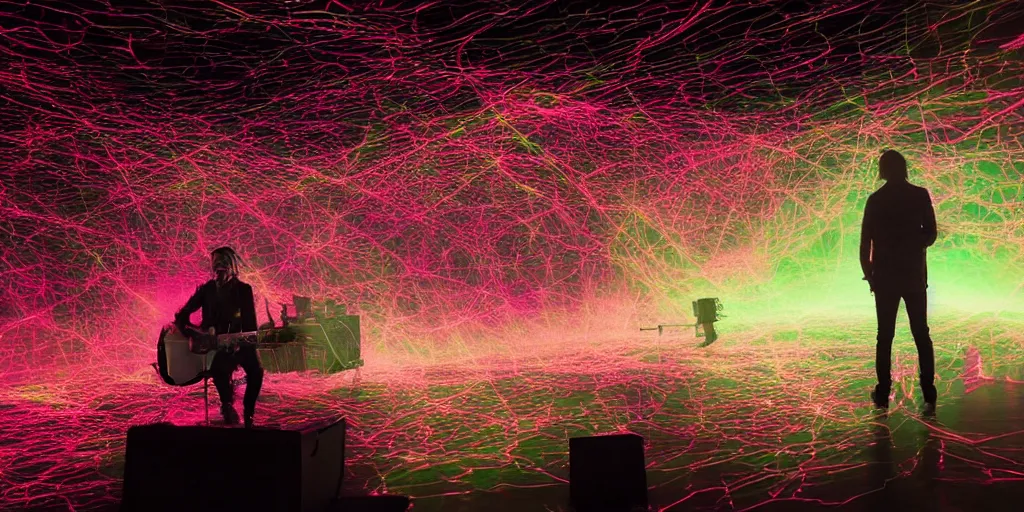 Image similar to Thom Yorke singer songwriter, Radiohead group of people on stage playing instruments, elaborate stage effects, dust, smoke, giant LED screens, colored projections, ultrafine detail, glowing thin wires, smoke, high contrast, projections, a screenshot by David Gilmour Blythe, holography, tesseract, volumetric lighting, anamorphic lens flare