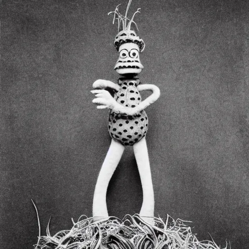 Image similar to a black and white photograph by Gary Baseman, Robert Crumb, Jim Henson, photorealistic, surreal, high contrast, film photography, felt, muppet, character