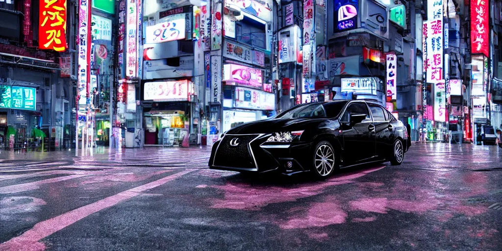 Prompt: tokyo vaporwave black lexus ct 2 0 0 h origami neon signs raining, hyper realisitic wet pavement