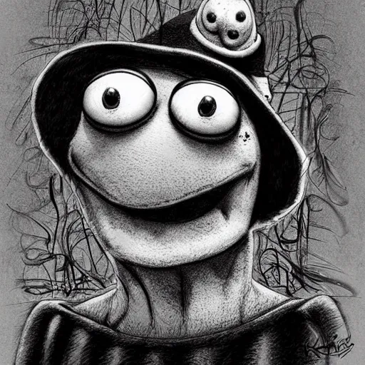 Image similar to surrealism grunge cartoon portrait sketch of Kermit The Frog, by michael karcz, loony toons style, freddy krueger style, horror theme, detailed, elegant, intricate