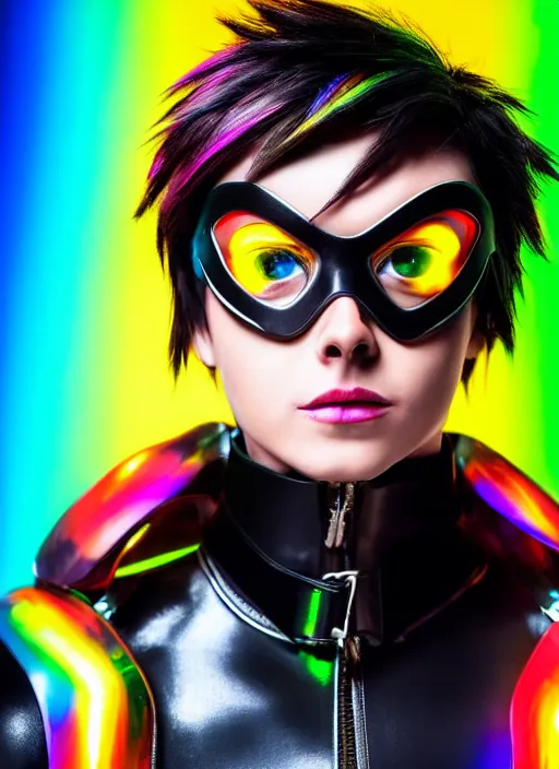 Image similar to hyperrealistic style portrait of tracer overwatch, confident pose, wearing black iridescent rainbow latex, rainbow, neon, 4 k, expressive surprised expression, makeup, wearing detailed black leather collar, wearing sleek armor, studio lighting, black leather harness, expressive detailed face and eyes,