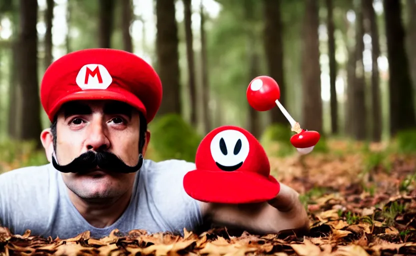 Image similar to italian man with a mustache dressed as mario wearing a solid red mario hat, crawling on the ground, excited face, eyes rolled back, drooling, licking a red mushroom with white spots, in a forest, photography, 5 0 mm lens, f 1. 8