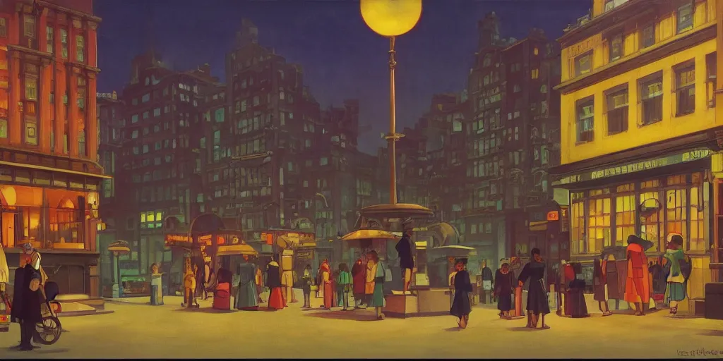 Image similar to A radiant atomic generator building lights up a city square, dieselpunk, by Studio Ghibli and Edward Hopper