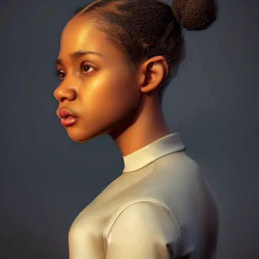 Image similar to a photorealistic hyperrealistic, bright brown eyes, light skinned african young girl, ponytail hair, flawless face, beautiful eyes, cute face, black turtle neck shirt, by wlop, artgerm, greg rutwoski, alphonse mucha, beautiful dynamic dramatic low - light moody lighting, cinematic atmosphere, artstation, concept design art, octane render, 8 k