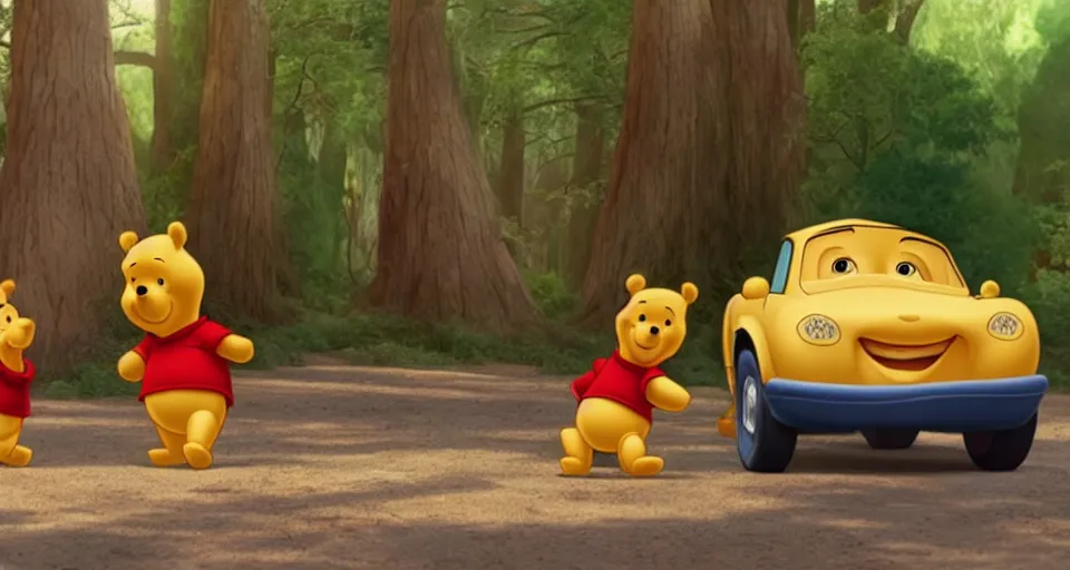 Image similar to A screenshot of Winnie the Pooh in the Pixar movie Cars