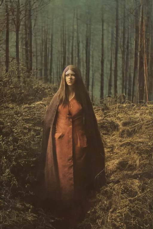 Prompt: portrait of woman, russian cinema, kodachrome, dense forest, long brown hair, cloth, heavy fog, hudson river school, 4 k, dramatic lightin