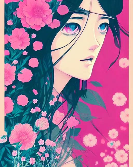 Image similar to girl next to floral bomb, detailed manga illustration!! intricate details, beautiful perfect face, perfect body, aesthetically pleasing pastel colors, poster background, aesthetic details, art by conrad roset and ilya kuvshinov