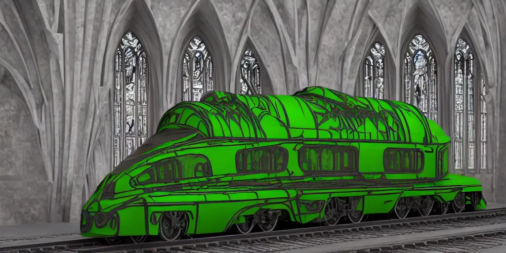 Prompt: streamline train that looks like gothic cathedral church, warhammer emperium style, gothic locomotive, conic locomotive shaped, arrow locomotive shape, armored streamline train,gothic shape patterns locomotive, train with gothic rose windows and arcades elements , hybrid between gothic and streamline style, gothic steel pattern train wheels, art Deco, retro, locomotive streamline lantern light green, octane render, diselpunk, steampunk