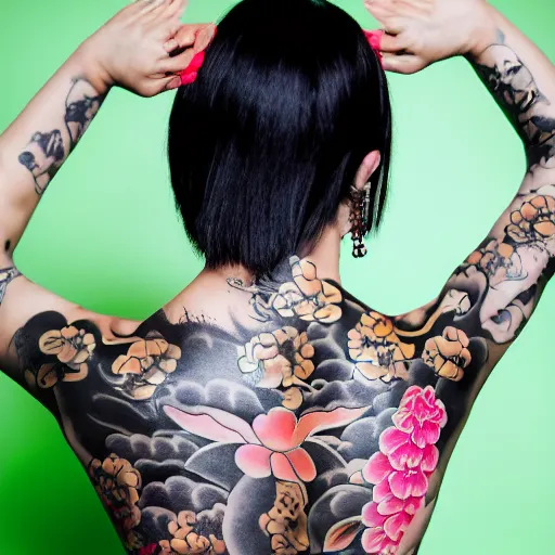 Image similar to photography of the back of a woman with a black detailed irezumi tatto representing a gold tiger with pink flowers on her entire back, dark hangar background, mid-shot, editorial photography