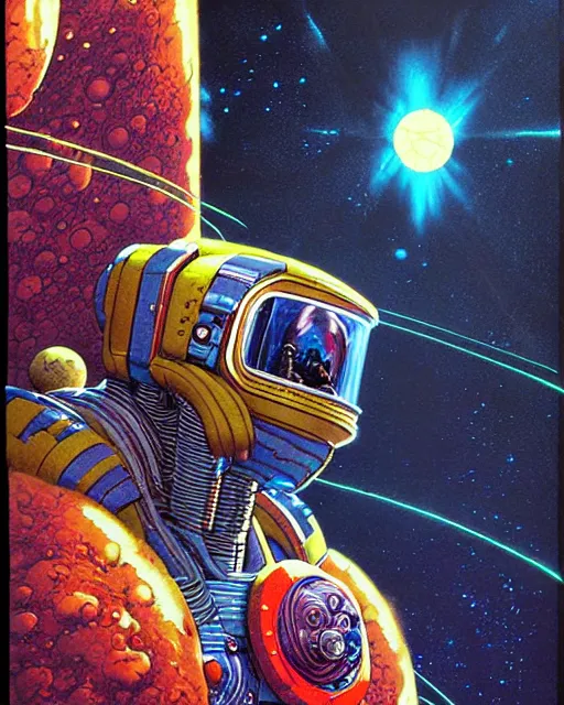 Image similar to tekkaman space knight, character portrait, portrait, close up, concept art, intricate details, highly detailed, vintage sci - fi poster, in the style of chris foss, rodger dean, moebius, michael whelan, and gustave dore