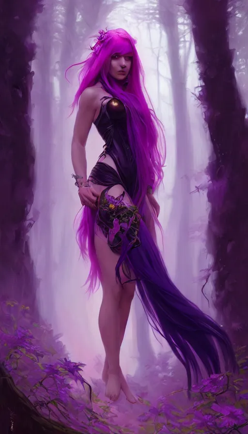 Image similar to stunningly beautiful female neon and purple hair, fantasy art, fae priestess, lush forest landscape, dark light night, goddess sharp focus, digital, painting, 8 k, concept art, art by wlop, artgerm, greg rutkowski and alphonse mucha