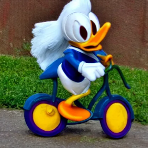 Prompt: donald duck riding a bike, in style of don rosa