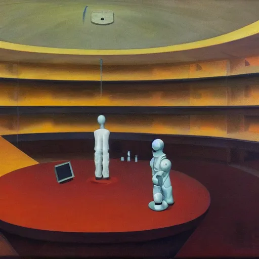 Image similar to robotic scientists in a dome - shaped control center, grant wood, pj crook, edward hopper, oil on canvas