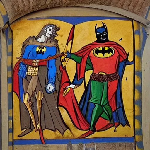Image similar to a medieval church mural depicting batman chasing the joker, batman and the joker medieval art