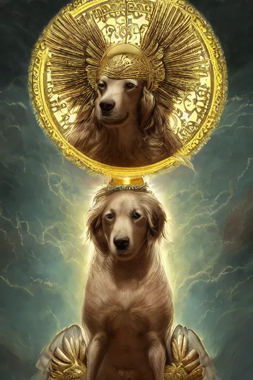 Image similar to a dog as god with a radiant halo, wings, detailed face, gorgeous, flowing hair, very muscular male body, partial anatomy, stormy and grand war scene, delicate and intricate borders for decoration, caesar victorious, proud Emperor, crepuscular ray, intricate, highly detailed, 8K, digital painting, fantasy, concept art, sharp focus, over-shoulder shot, illustration, art by greg rutkowski beeple and alphonse mucha