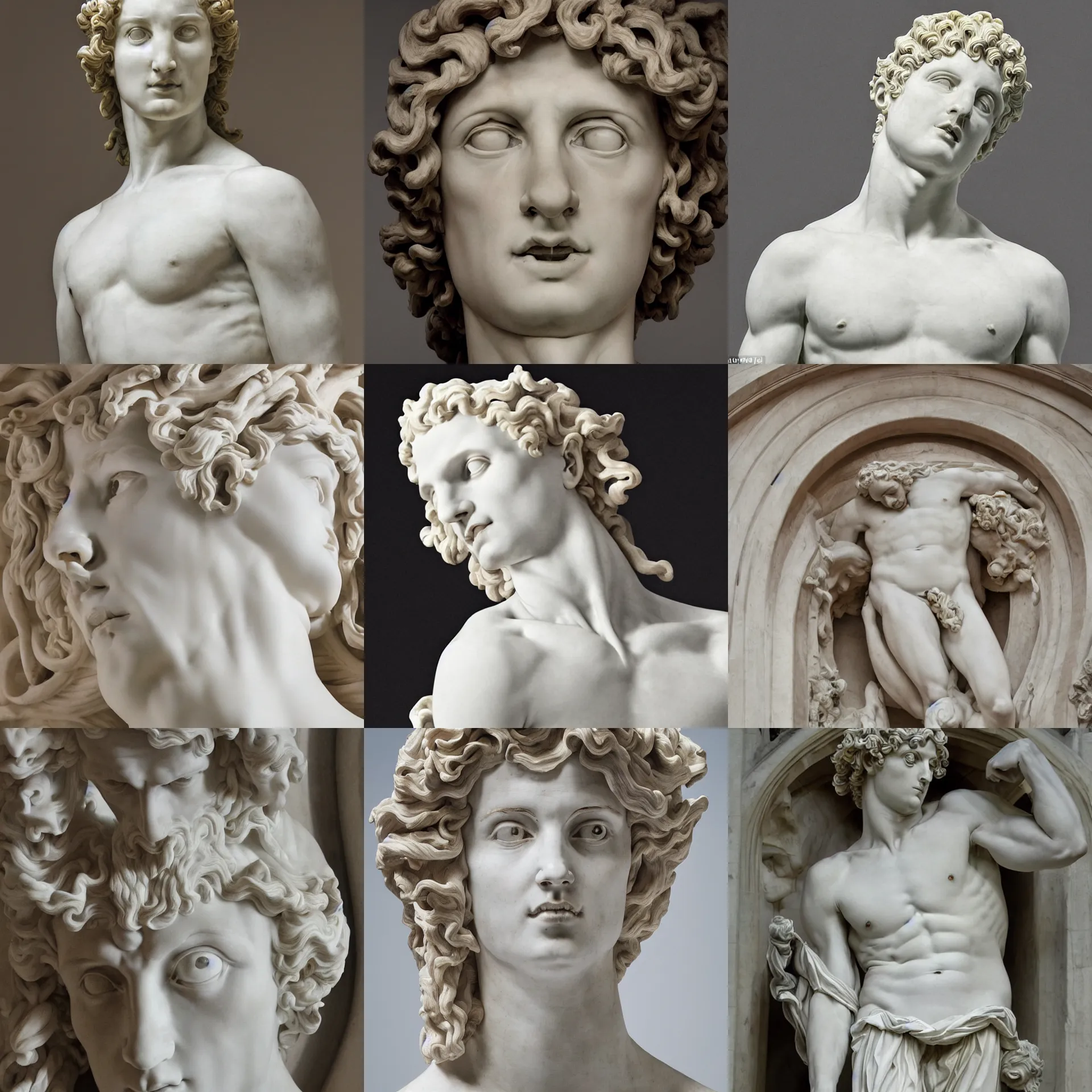 Prompt: a marble statue called adam's awakening, rococo style, symmetrical face, defined facial features, symmetrical facial features, dramatic lighting