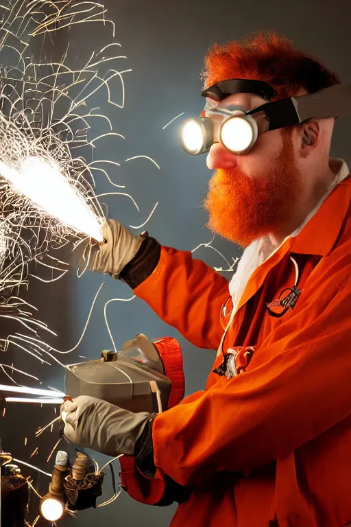 Prompt: an awkwardly tall scientist with a tangled beard and unruly red hair atop his balding head wearing a headlamp a labcoat and welding goggles and holding a beaker, led headlamp, high resolution film still, movie by Ivan Reitman