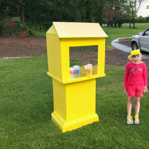 Image similar to a yellow human sized duck standing next to a children's lemonade stand