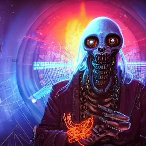 Prompt: cyberpunk undead lich ilithid mindflayer playing synthesizers, honeycomb background, D&D, laser show, highly detailed, realistic, technology and magic,