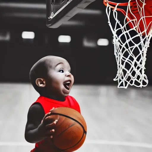 Image similar to a baby dunking a basketball, dramatic action photography, close up, epic shot