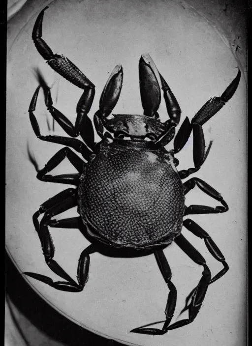 Prompt: a vintage photo of a half-man half-crab creature