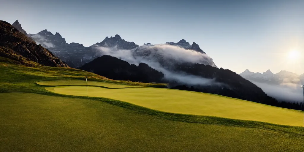 Prompt: a great photograph of the most amazing golf hole in the world, perfect light, in the swiss alps, high above treeline, ambient light, 5 0 mm, golf digest, top 1 0 0, fog