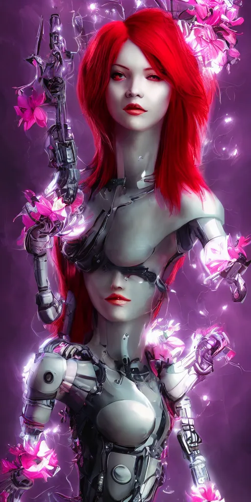 Image similar to Robot girl with red hair Cyber punk 2077, a very beautiful portrait, Devil May Cry game style, woman wrapped in lily flowers, photorealism