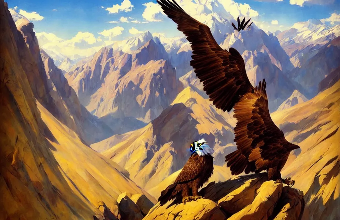 Image similar to greg manchess painting of eagle hunter sitting on the background of mountains in kyrgyzstan, medium shot, asymmetrical, organic painting, sunny day, matte painting, bold shapes, hard edges, street art, trending on artstation, by huang guangjian and gil elvgren and sachin teng