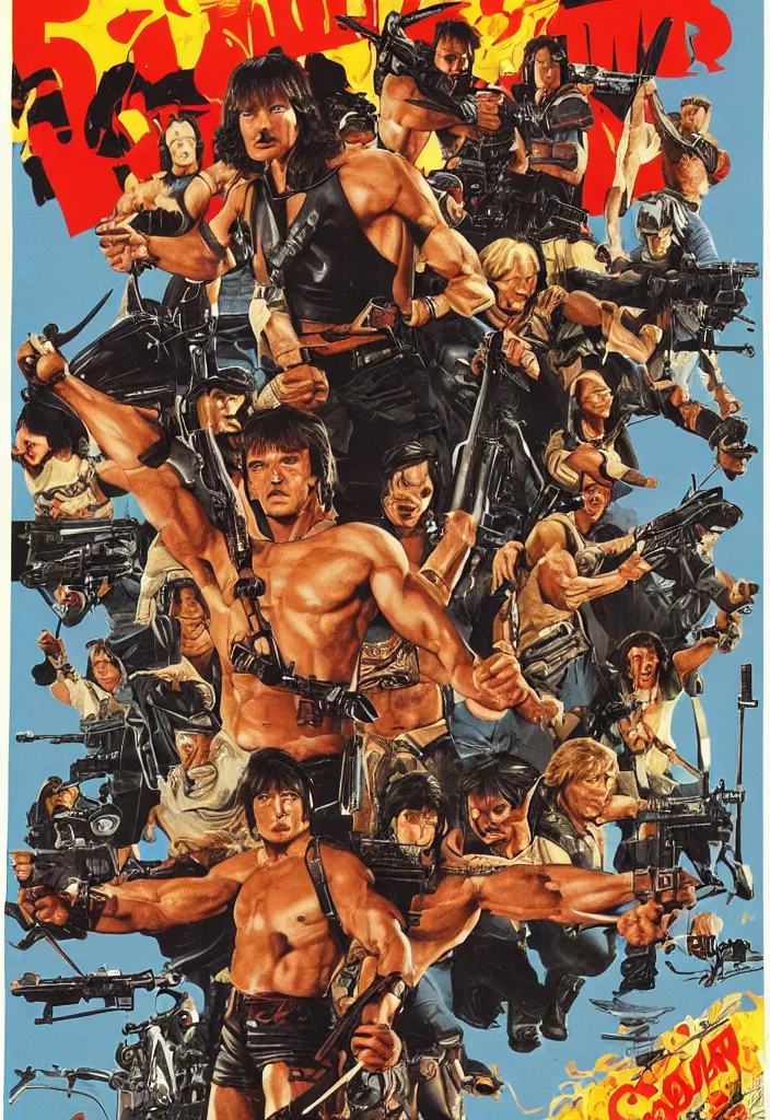 Image similar to 1 9 8 0's super duper action movie poster, rambo, conan, he - man, robocop, skeletor, explosions, guns, fast cars, glossy high quality print