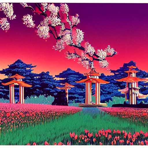 Image similar to a beautiful painting of a large alien shrine shrouded by mystic nebula magic in a field of flowers by hiroshi nagai and vincent di fate
