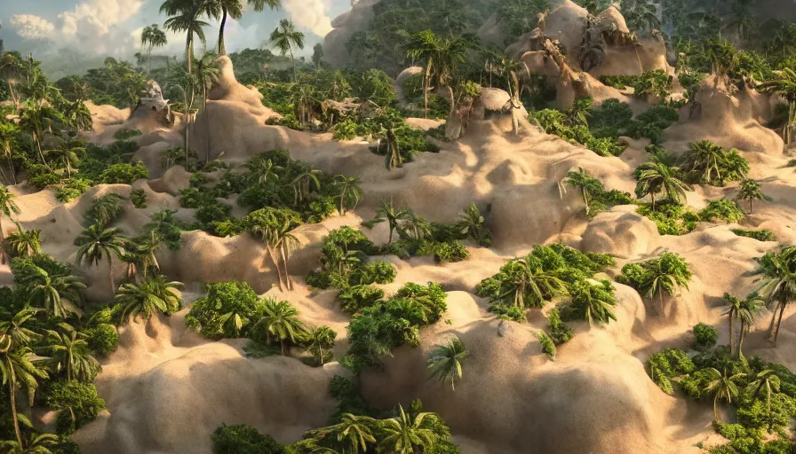 Image similar to beautiful stunning amazing slightly cloudly sky with various differently colored floating islands made of dirt and sand and stone with many varied rainforest forest desert plants and few little animals, landscape, fantasy, wide angle, sharp image, cinematic, concept art, 3d, photorealistic render, octane render, blender cycles, unreal engine, raytracing, volumetric light, photoshop, lightroom, digital art, trending on artstation