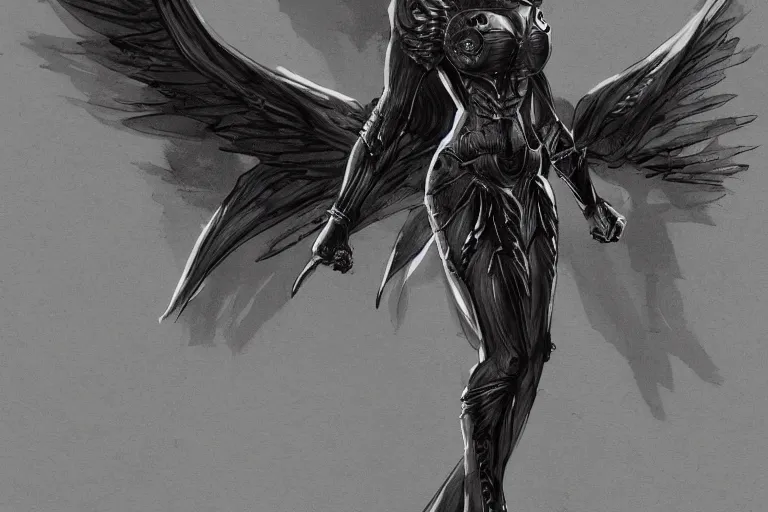 Image similar to concept art, woman angel in armor, large wingspan, dramatic pose