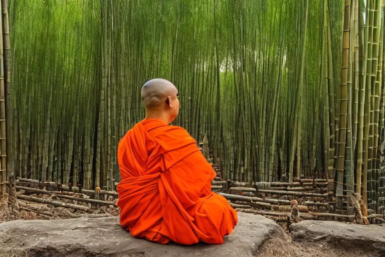Prompt: a high quality photo of a panda monk, wearing orange clothes, meditating, sitting in front of a temple. bamboo forest in the background, shinji aramaki