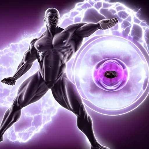 Image similar to a muscular man made of purple energy, wielding two orbs in his hands that are able to manipulate the force of electromagnetism in order to cause chemical changes inside of the orbs.