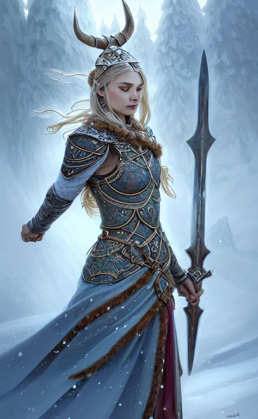 Image similar to opal viking warrior, regal, elegant, winter, snow, beautiful, stunning, hd, illustration, epic, d & d, fantasy, intricate, elegant, highly detailed, wide angle, digital painting, artstation, concept art, smooth, sharp focus, illustration, wallpaper, art by artgerm and greg rutkowski and alphonse mucha and jin xiaodi