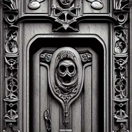 Image similar to port door with carved sinister face head. meduza gorgona. cast iron. gothic medieval baroque. symmetry. epic. ominous shapes. hyper detailed. photoreal. trending on artstation