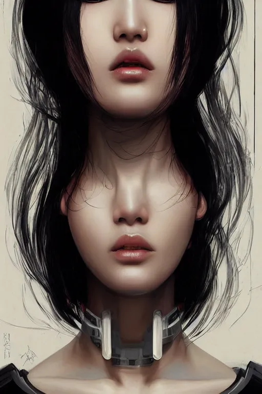 Image similar to Photorealistic illustration, 3/4 view of Korean fashion model with cybernetic neck, cyberpunk 2077, sci-fi, futuristic, intricate, elegant, highly detailed, digital painting, artstation, concept art, smooth, sharp focus, art by artgerm, greg rutkowski and alphonse mucha