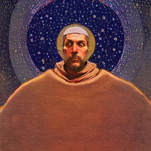 Image similar to illustration of the man in the moon, by nicholas roerich and donato giancola and dulac, sharp focus, very detailed, starry sky, geometric ornament, dramatic lighting